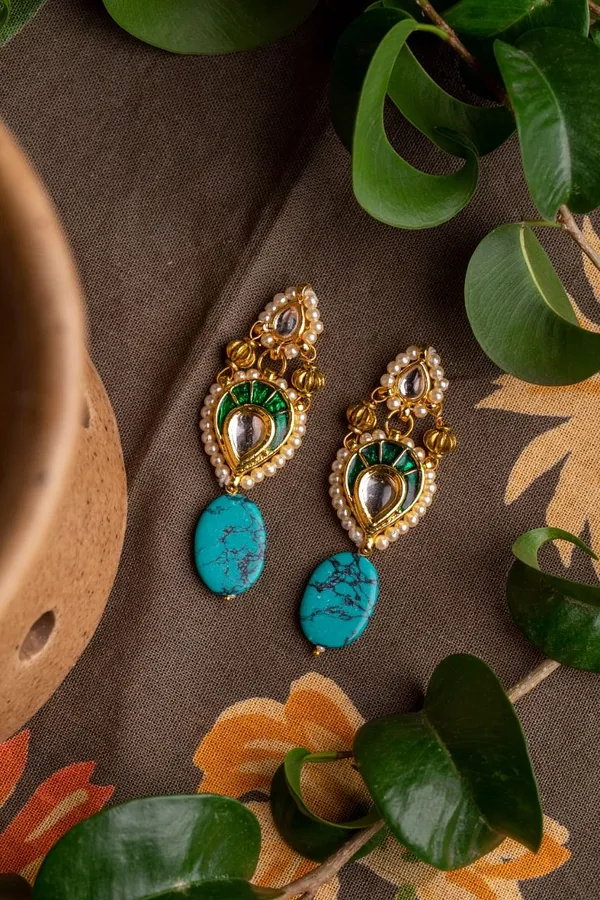 Green Kundan Turquoise Drop Earrings