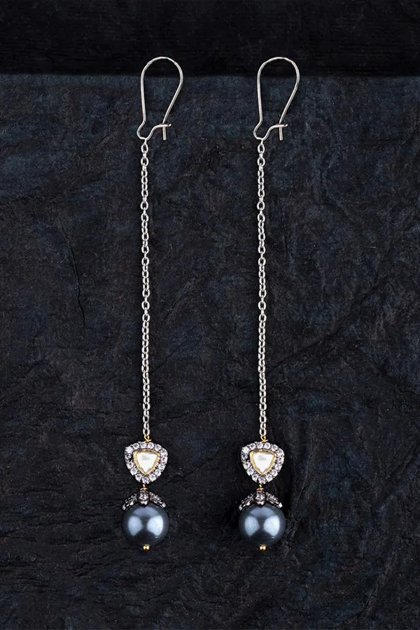 Grey Pearl Long Zirconia Dangler Earrings