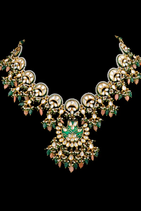 Green Meenakari Pink Moonstone Choker