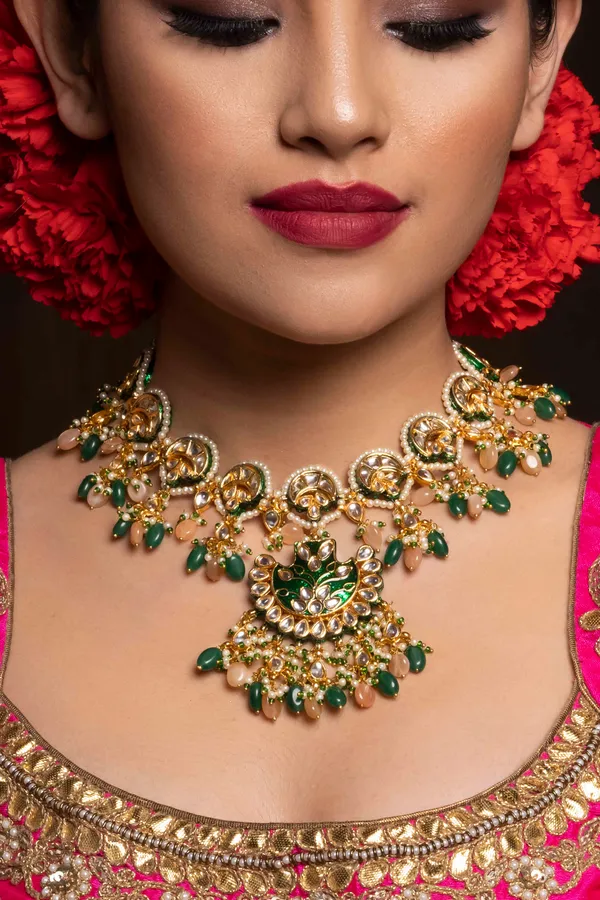 Green Meenakari Pink Moonstone Choker