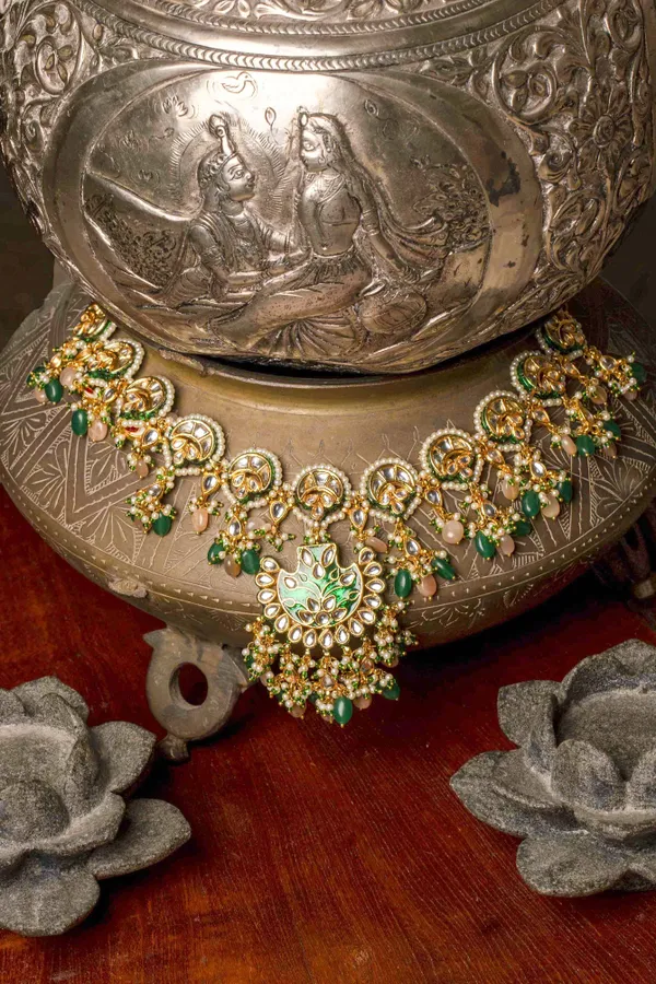 Green Meenakari Pink Moonstone Choker