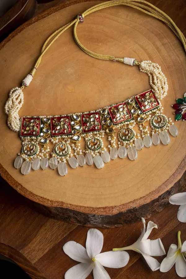 Lotus Tile Red Meenakari Kundan Choker