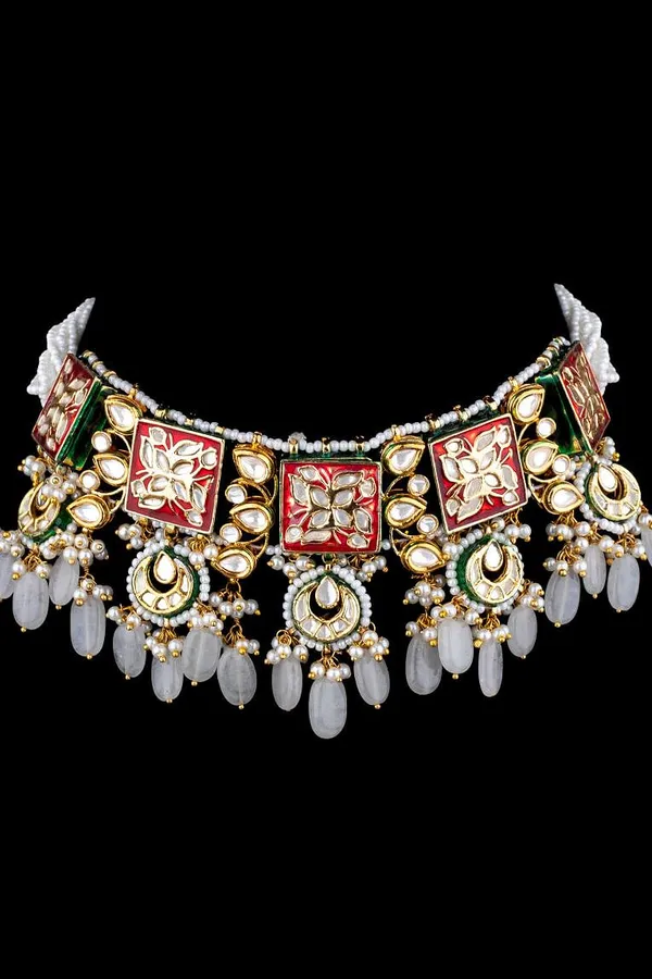 Lotus Tile Red Meenakari Kundan Choker