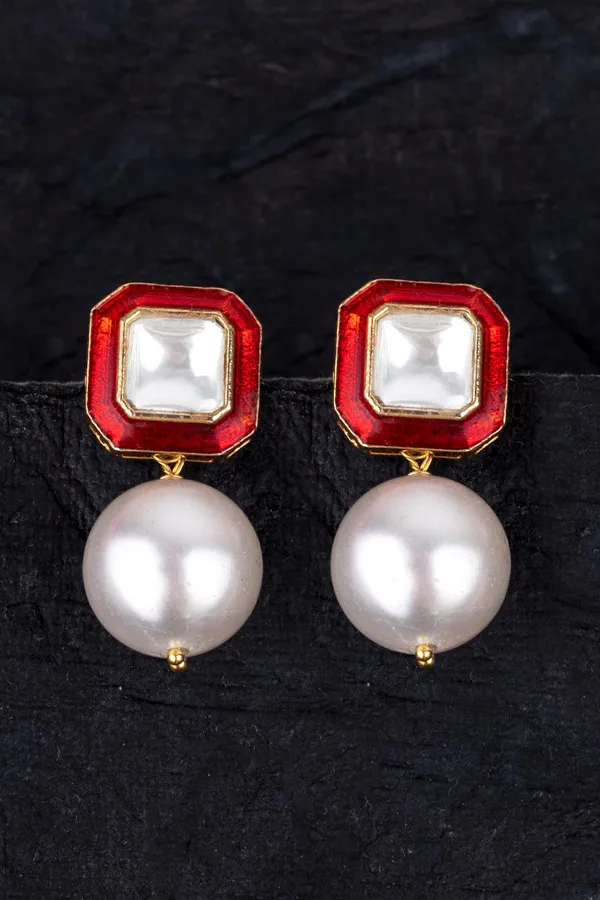 Uncut Red with Pearl Drop Stud Earrings