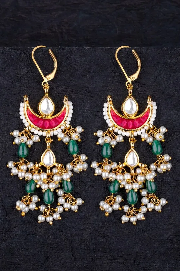 Red Chand With Emeralds Drops Kundan Earrings