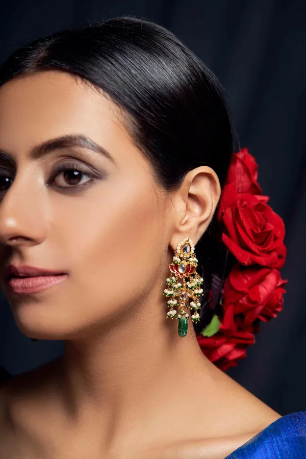 Red Lotus Fish Kundan Emeralds Earrings