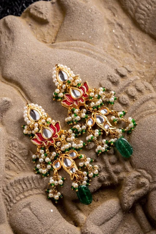 Red Lotus Fish Kundan Emeralds Earrings