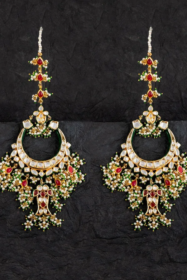 Red Fin Kundan Pearls Chandbali Earrings