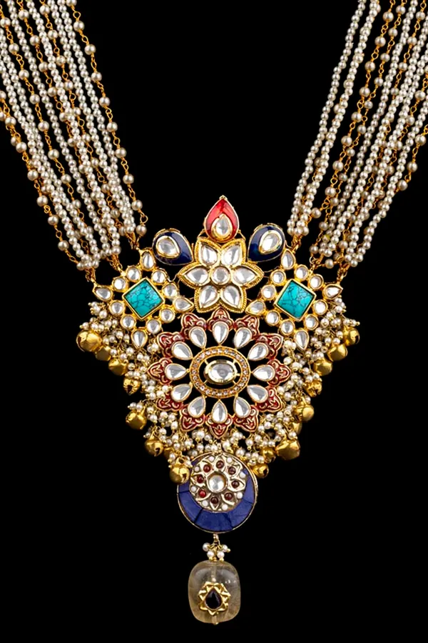 Turquoise with Pearls & Ghungroo Beads Multi String Kundan Necklace