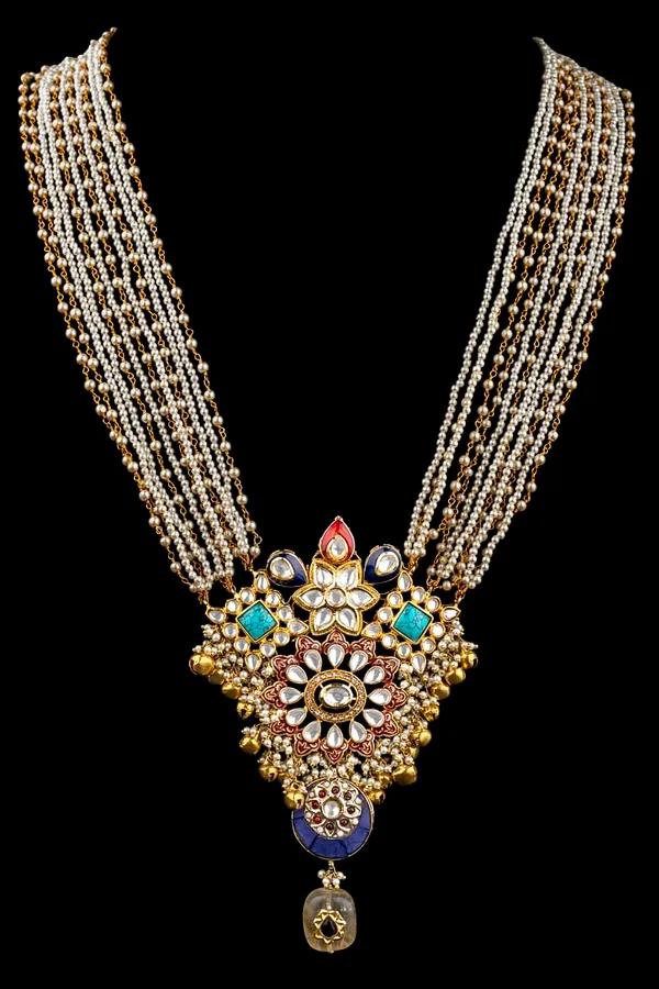 Turquoise with Pearls & Ghungroo Beads Multi String Kundan Necklace