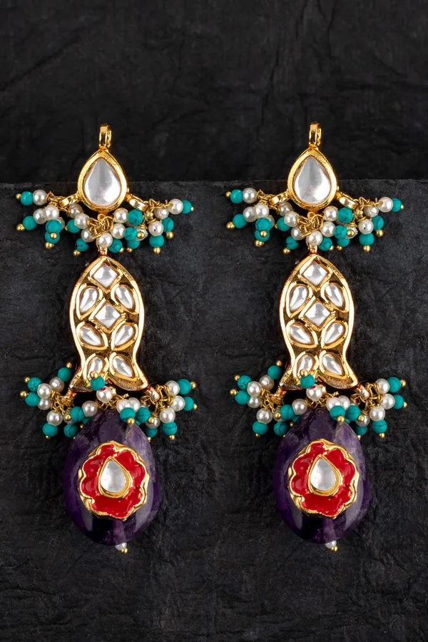 Purple & Blue Fish Kundan Earrings