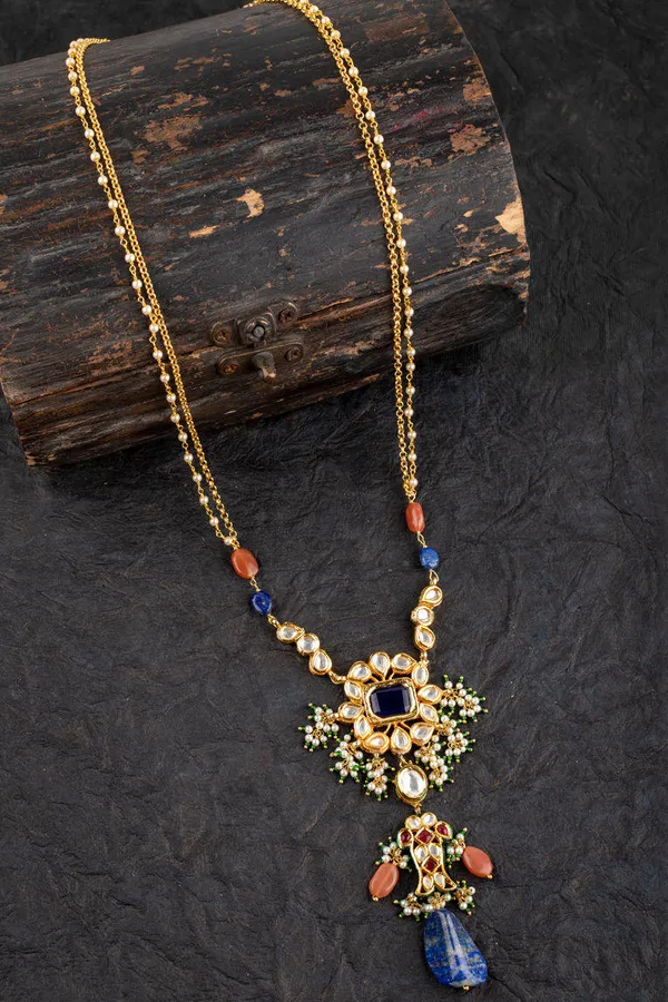 Blue Flower Lapis Long Kundan Necklace