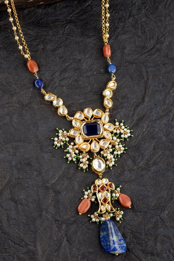 Blue Flower Lapis Long Kundan Necklace