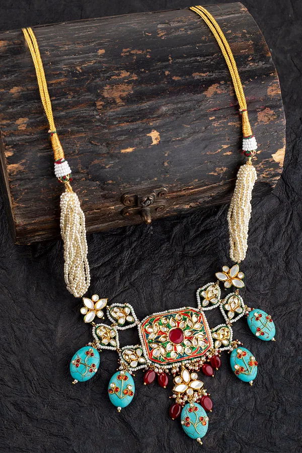 Ornate Red And Blue Meenakari Necklace