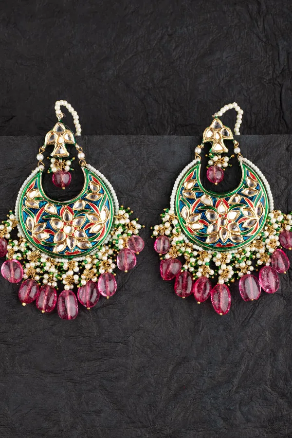 Blue Meenakari with Red Drops Floral Detail Earrings