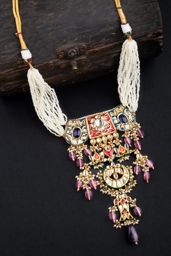 Blue Meenakari with Pearl Strings Kundan Necklace