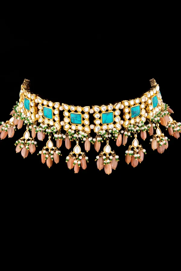Feroza Choker With Pink Moonstone Drops