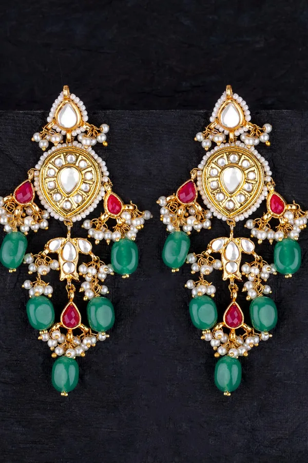 White Pearls with Red & Green Stone Kundan Earrings