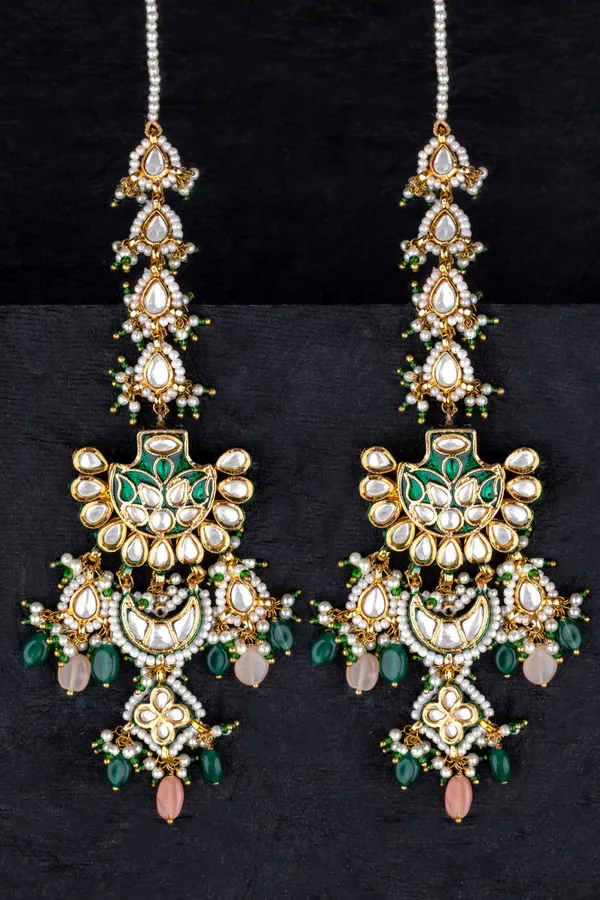 Green with Pink Moonstone Pearl & Kundan Earrings