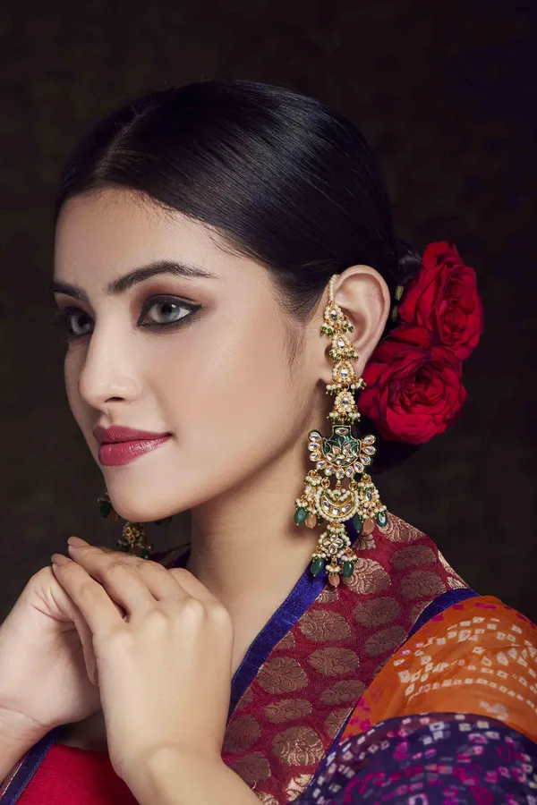 Green with Pink Moonstone Pearl & Kundan Earrings