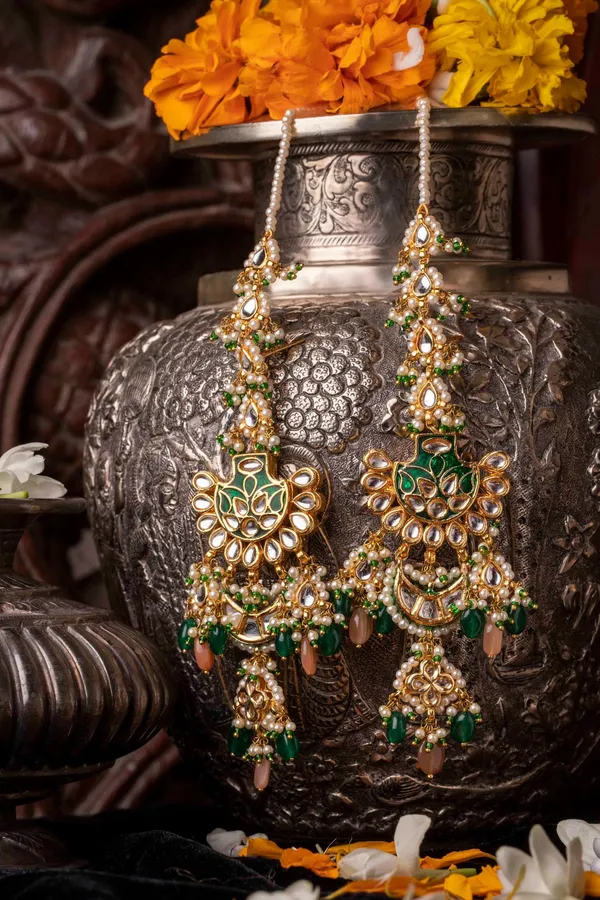 Green with Pink Moonstone Pearl & Kundan Earrings