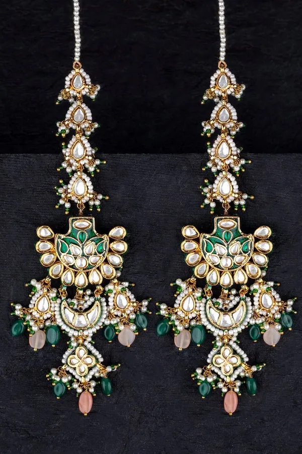 Green with Pink Moonstone Pearl & Kundan Earrings