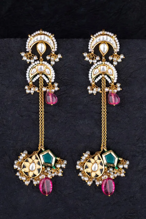 Black Enamel Chand Motif Kundan Earrings