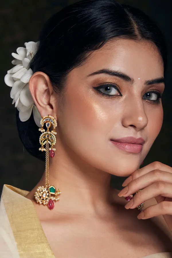 Black Enamel Chand Motif Kundan Earrings