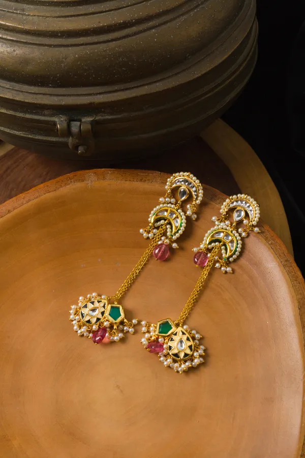Black Enamel Chand Motif Kundan Earrings