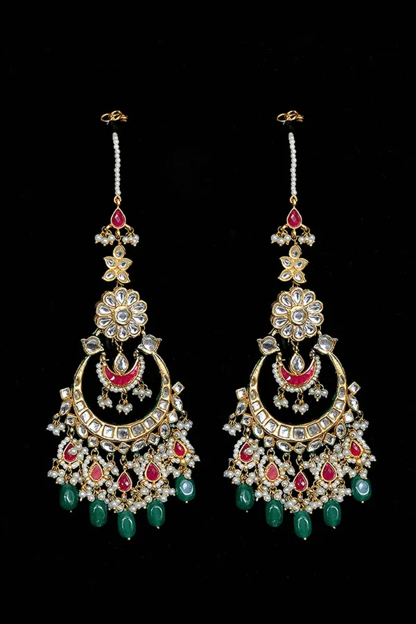 Red Biya With Pearl & Emeralds Kundan Chandbali