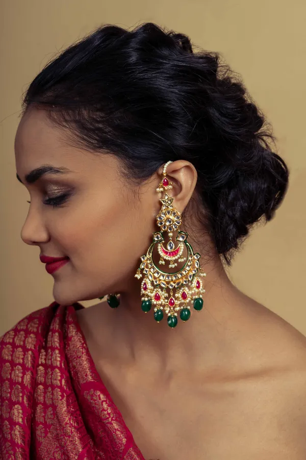 Red Biya With Pearl & Emeralds Kundan Chandbali