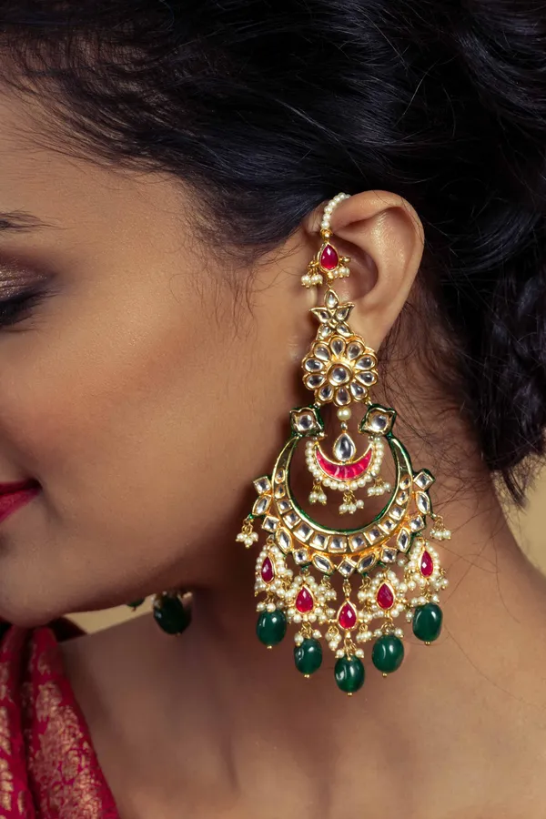Red Biya With Pearl & Emeralds Kundan Chandbali