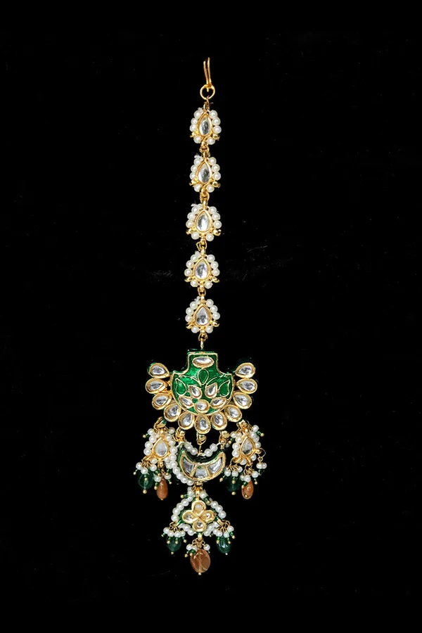 Green Meenakari With Pearl Kundan Maang Tikka
