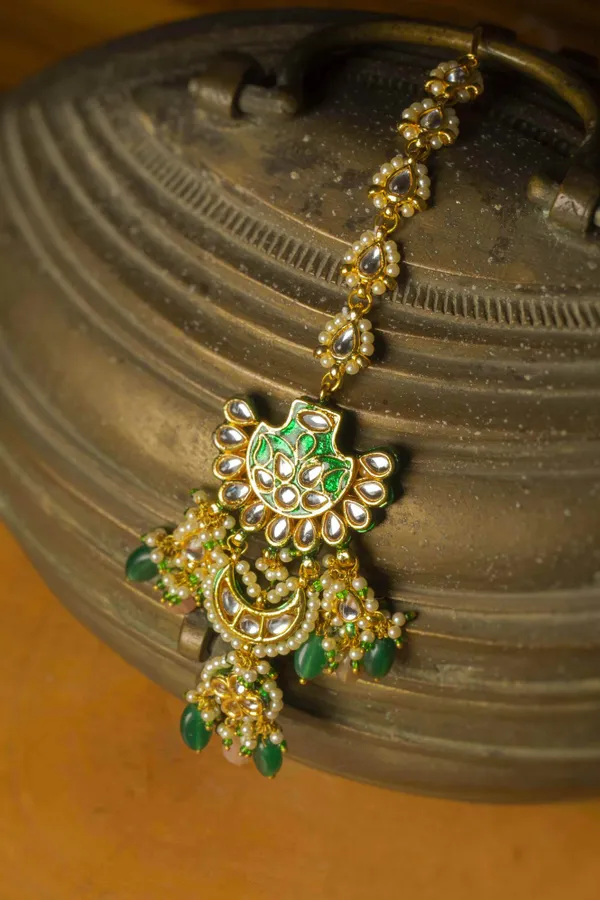 Green Meenakari With Pearl Kundan Maang Tikka
