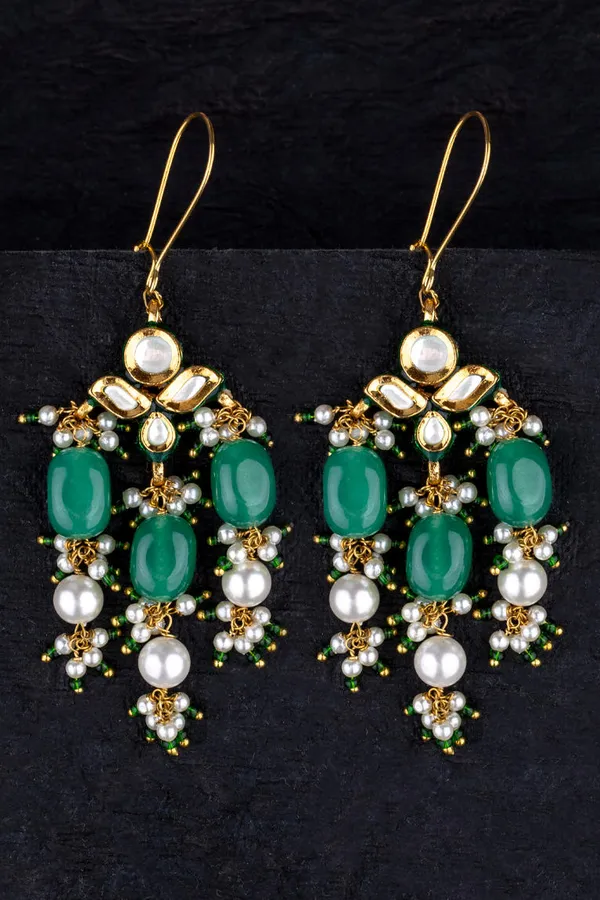Emeralds Kundan Earrings With Drop Of Pearls