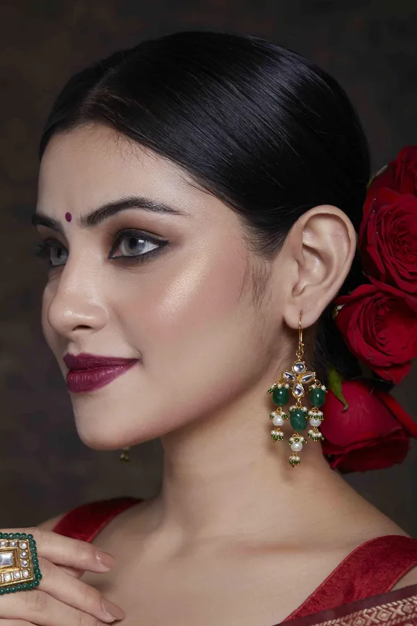 Emeralds Kundan Earrings With Drop Of Pearls