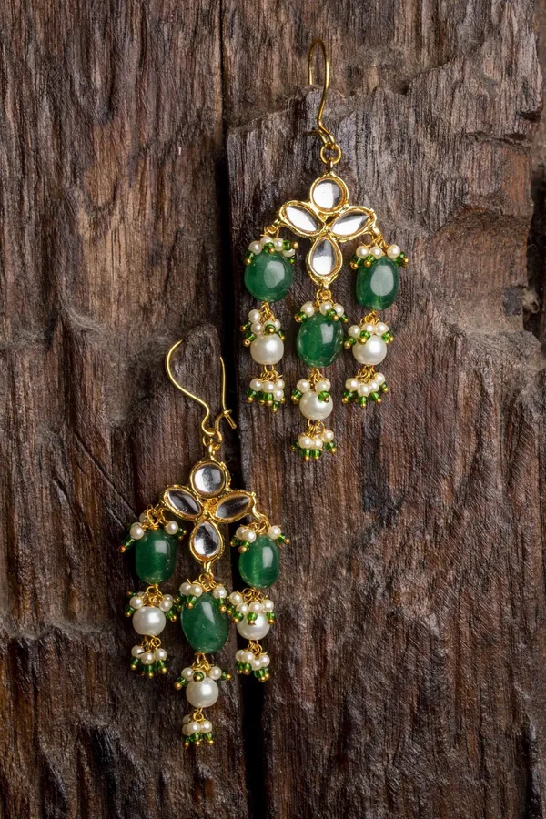Emeralds Kundan Earrings With Drop Of Pearls