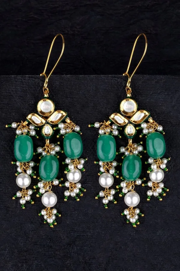 Emeralds Kundan Earrings With Drop Of Pearls