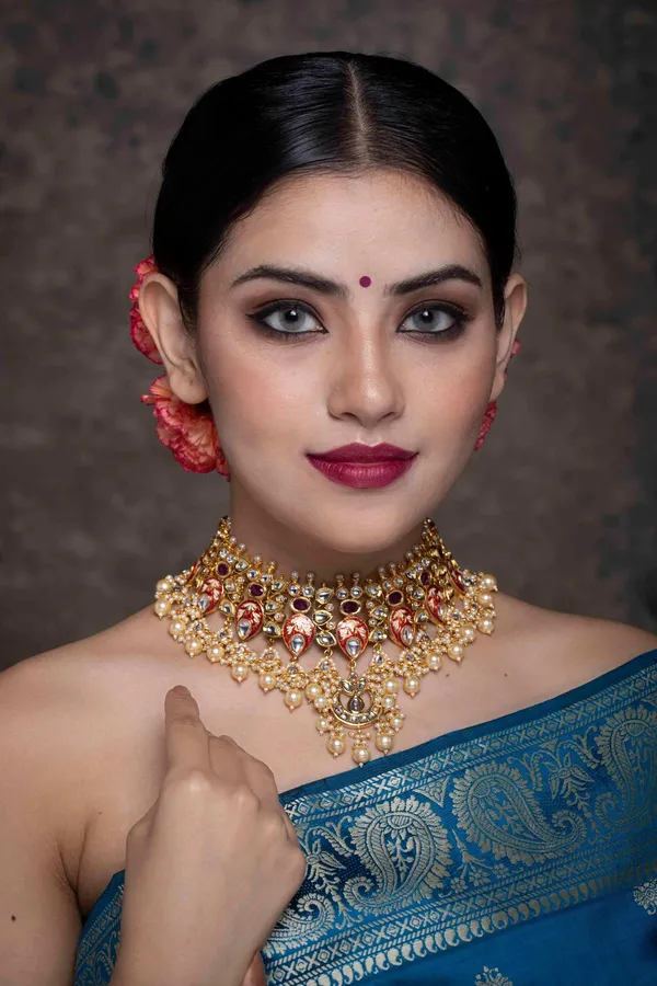 Red Enamel Tukri With Pearls Kundan Enamred Choker
