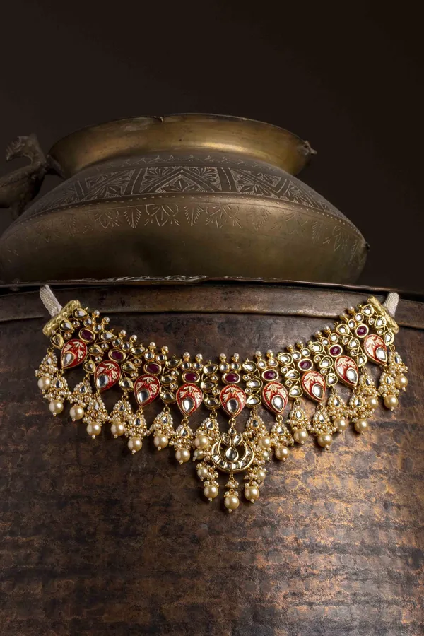 Red Enamel Tukri With Pearls Kundan Enamred Choker