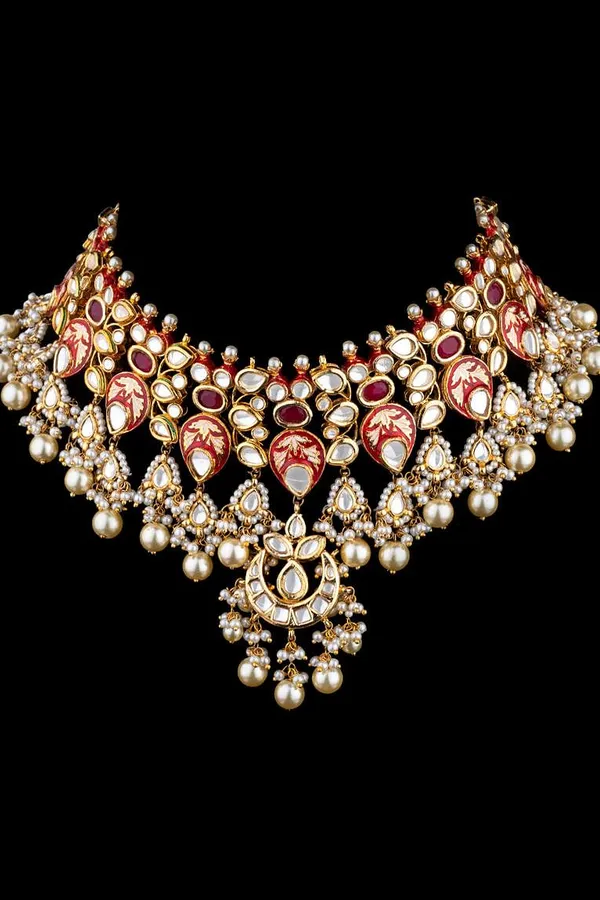 Red Enamel Tukri With Pearls Kundan Enamred Choker