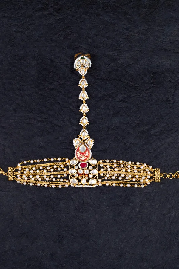 Red Enamel Tukri with Pearls Kundan Enamred Haathphool