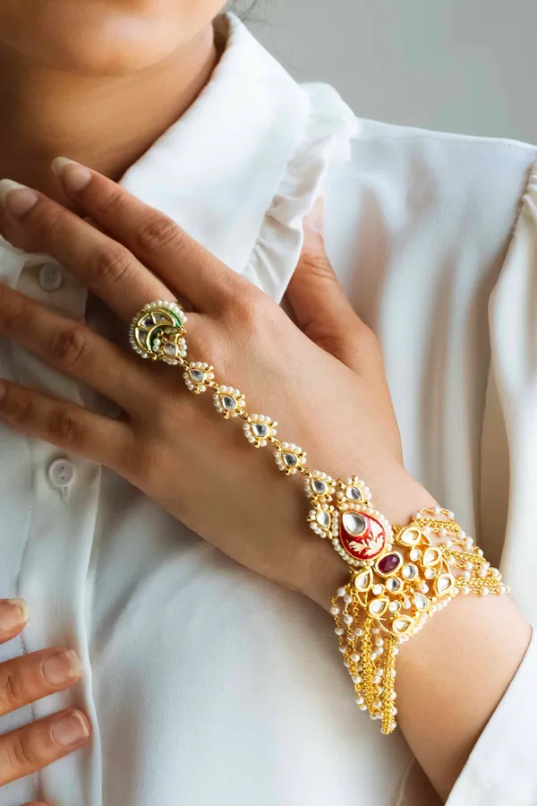 Red Enamel Tukri with Pearls Kundan Enamred Haathphool