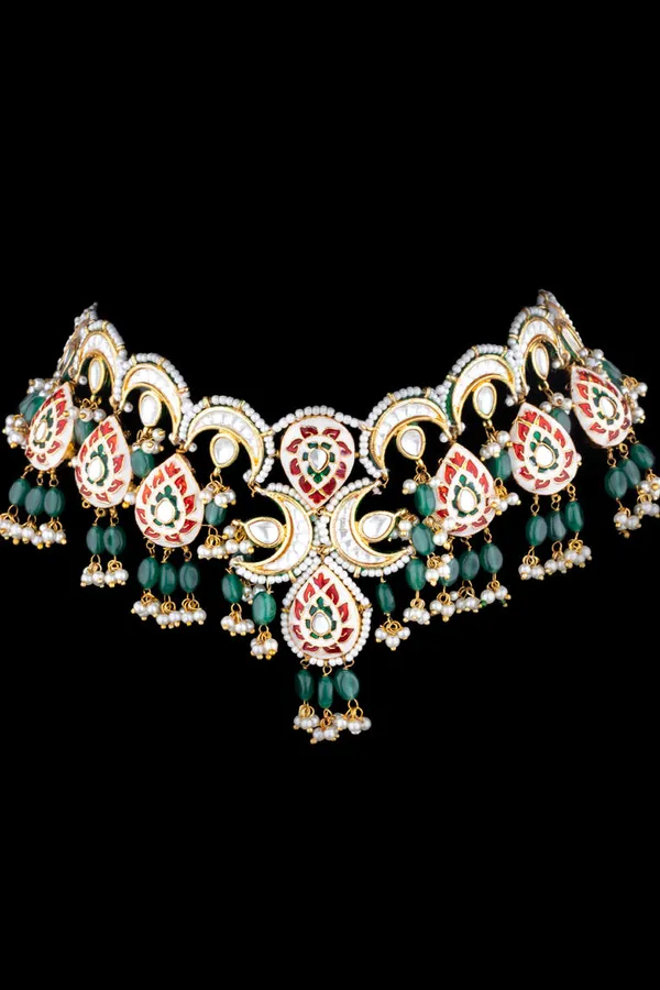 Red Green Meenakari Emeralds Pearls Necklace