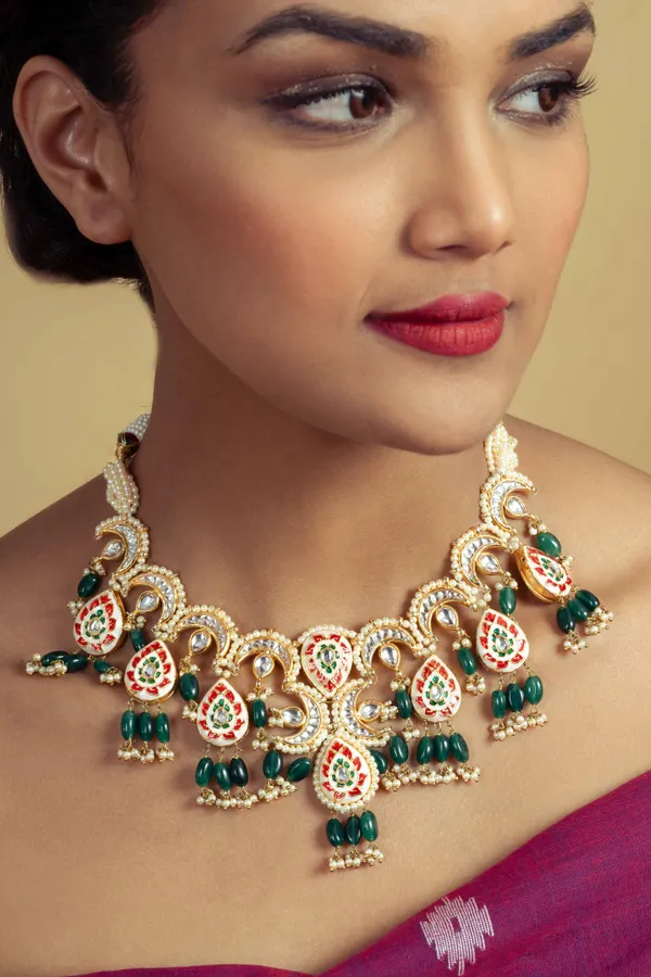 Red Green Meenakari Emeralds Pearls Necklace