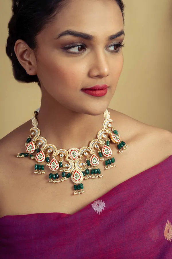 Red Green Meenakari Emeralds Pearls Necklace