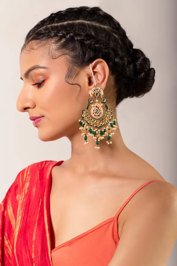 Red Green Meenakari Emeralds Pearls Chandbalis