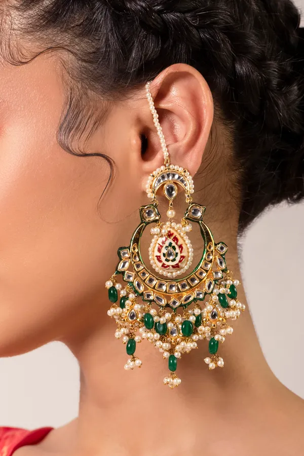 Red Green Meenakari Emeralds Pearls Chandbalis