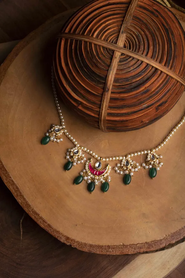 Red Chand Biya Emeralds Pearl Kundan Necklace