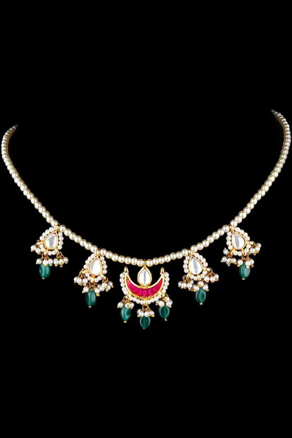 Red Chand Biya Emeralds Pearl Kundan Necklace